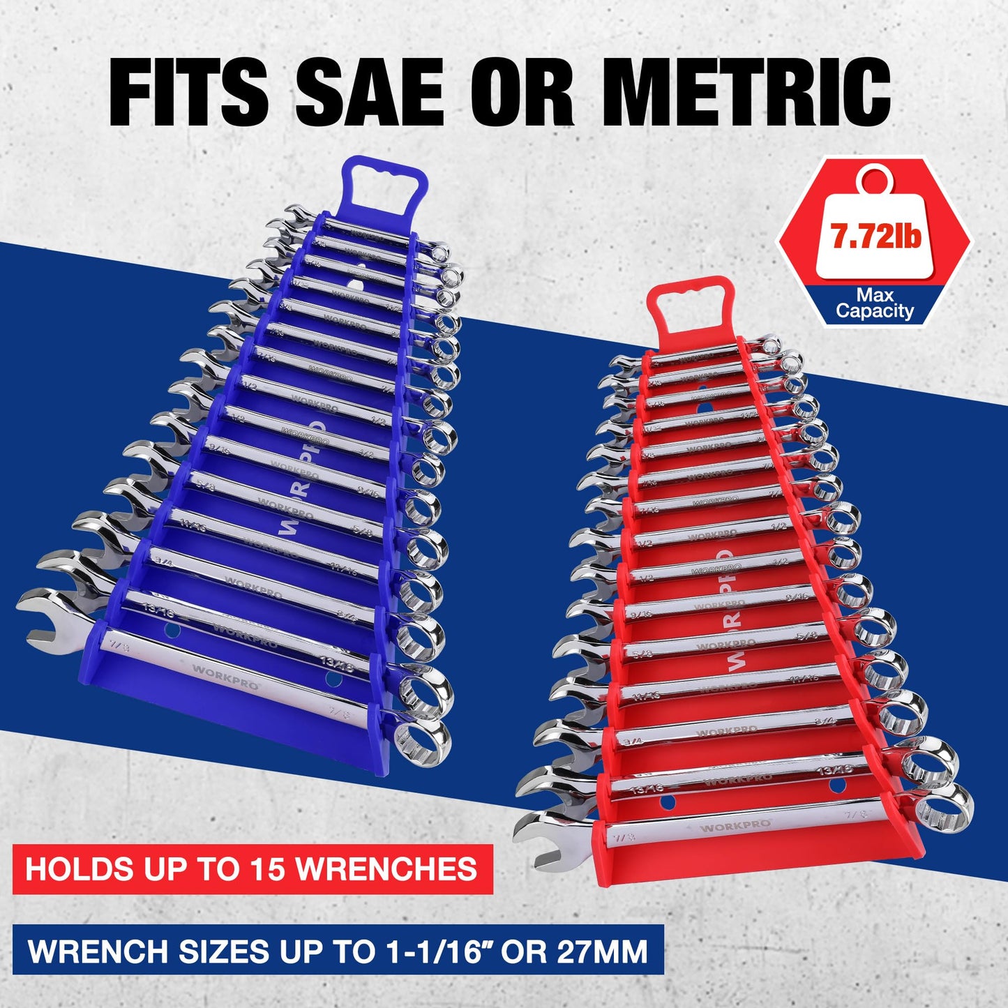 WORKPRO Magnetic Wrench Organizer, 15-Slot Gripper Reverse Wrench Holder for Tool Box, 2-Pack Wrench Rack Fits SAE (1/4” to 1-1/16") and Metric (6mm to 27mm), Flexible Grips, Blue and Red