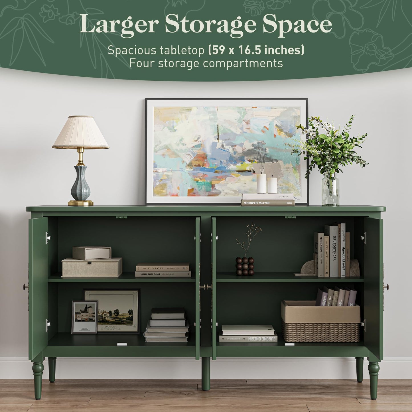 HEYNEMO 58'' Sideboard Buffet Cabinet with Storage, Mid Century Modern Storage Cabinet with 4 Doors and Adjustable Shelves, Green