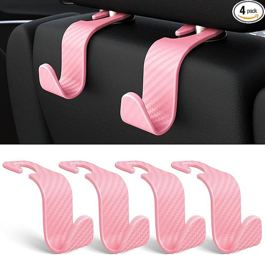 Amooca Car Seat Headrest Hook 4 Pack Hanger Universal Vehicle Car Storage Organizer for Handbag Purse Coat S Type Checkered Pink