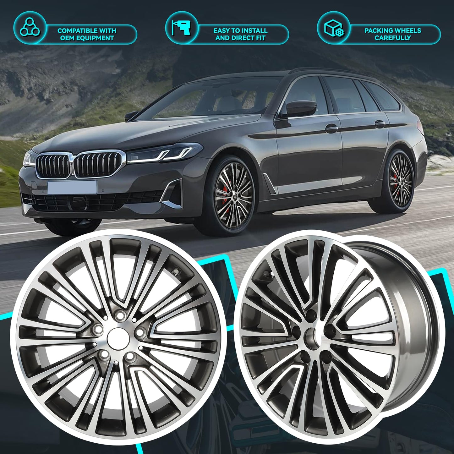 HOLUEKU New 18 Inch 18x8Inch Premium Aluminum Alloy Wheel Rim Fits for BMW 2017-2024 530i 540i 540d, 2018-2024 530e, 36116863420 Direct Fit OE Stock Specs