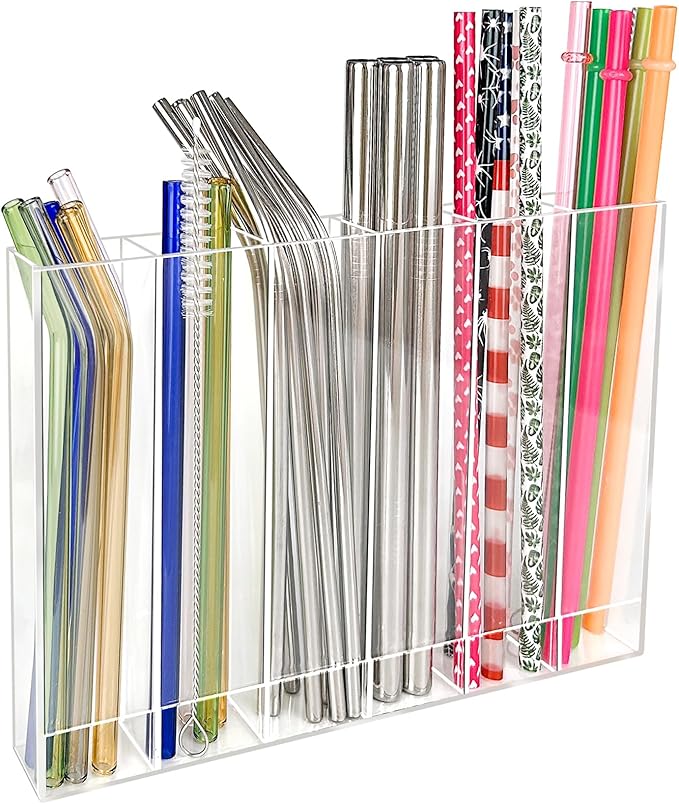 9.6â Large Acrylic Straw Holder for Cabinet Door - 6 compartments, easy to clean, Reusable Tumbler Straw Organizer Storage, Small Kitchen Accessories Container, Ultra Sticky Cupboard Door Mounted