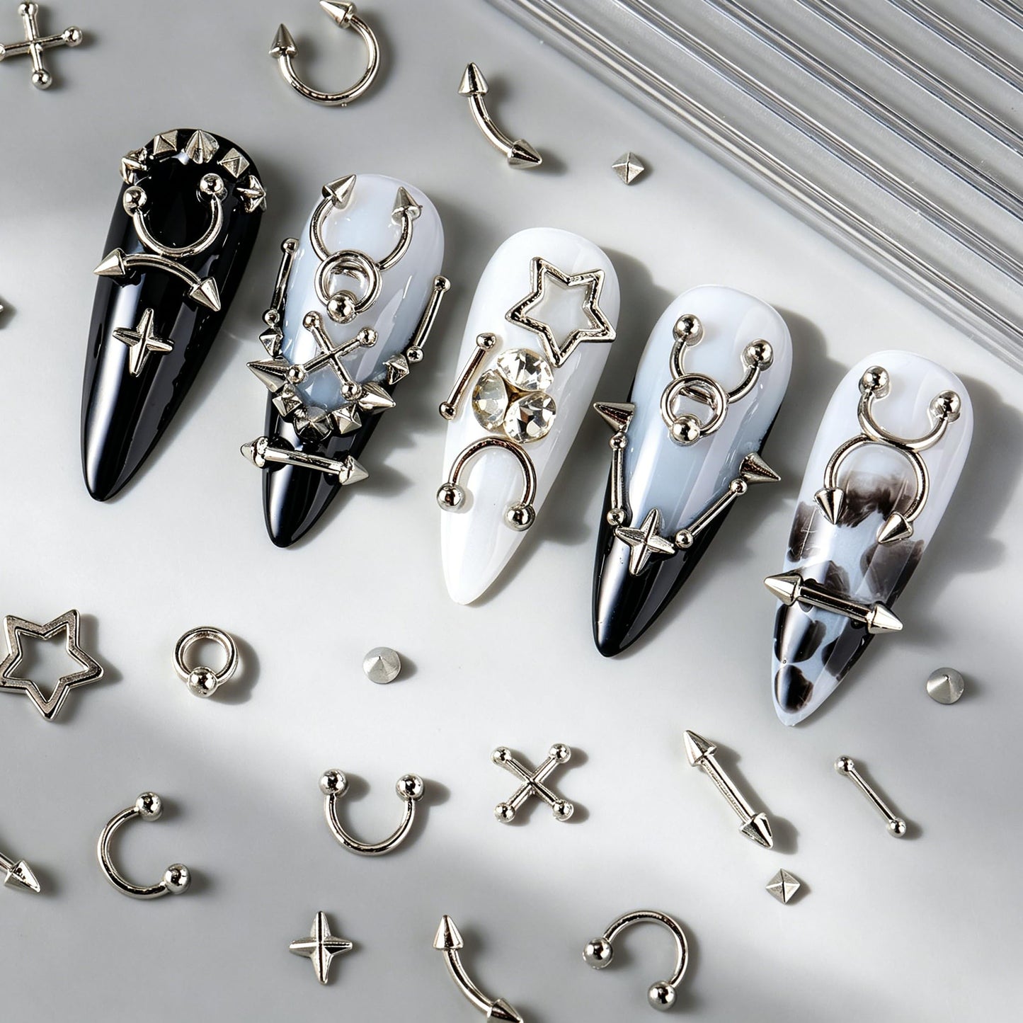 3D Metal Punk Bullet Nail Art Rivet Silver Black Nail Charm Alloy Gothic Stars Studs Spikes Beads Steel Balls Rock Mini Flat Back Y2K Nail Art Studs Nail Gems Nail Supplies Decoration