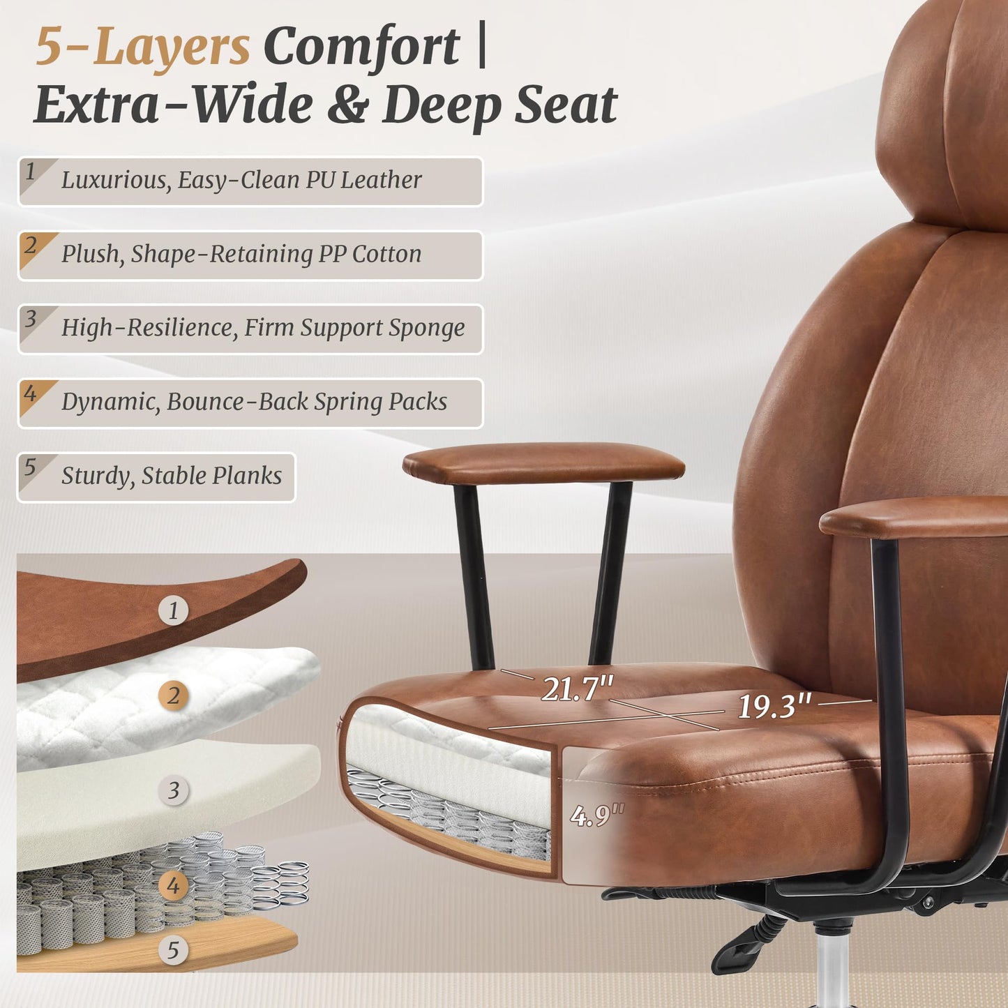 Cozyman High Back Office Desk Chair, Breathable Ergonomic Leather Chair with 5-Layer Seat Cushion with 135°Reclining Lumbar Support Adjustable Height Rolling Swivel Executive Armrests Chair, Brown