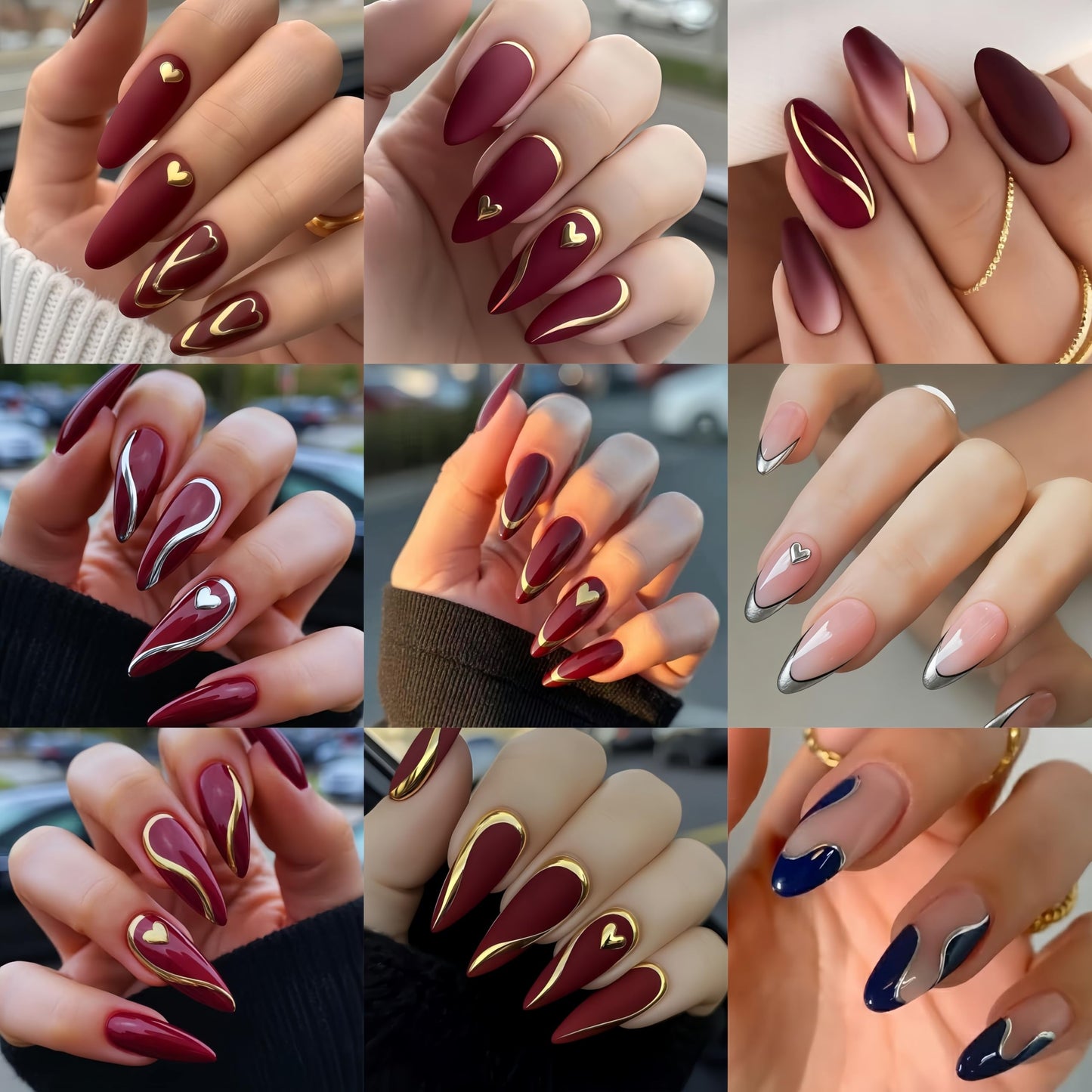 6 Sheets Valentines Day Nail Art Stickers 3D Bronzing Silver Gold Line Heart Nail Stickers Swirl Stripe French Style Nail Decals Valentines Peach Hearts Manicure Supplies for Women Nail Decoration