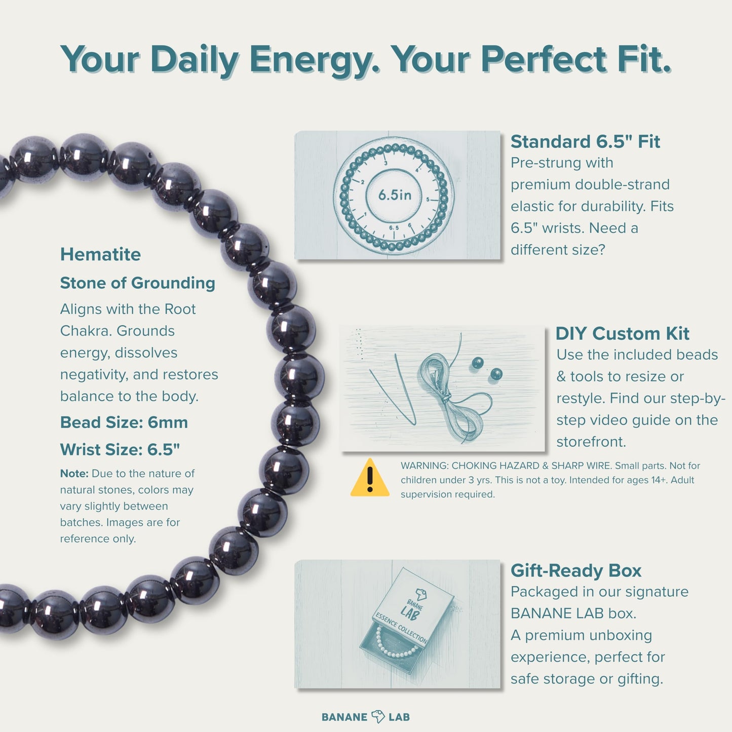 BANANE LAB Hematite Bracelet for Men Women - 6mm Natural Healing Crystal Energy Stone Beads - Health & Balance Protection Jewelry - Fits 6.5" Wrist with DIY Kit (Extra Beads & String)