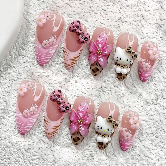 30Pcs Pink Press On Nails Medium Almond Leopard Print French Tip Fake Nails with Flowers Bow Rhinestones 3D Summer Flower Acrylic Nails Cute False Nail Set Cartoon Full Cover Stick on Nails for Women