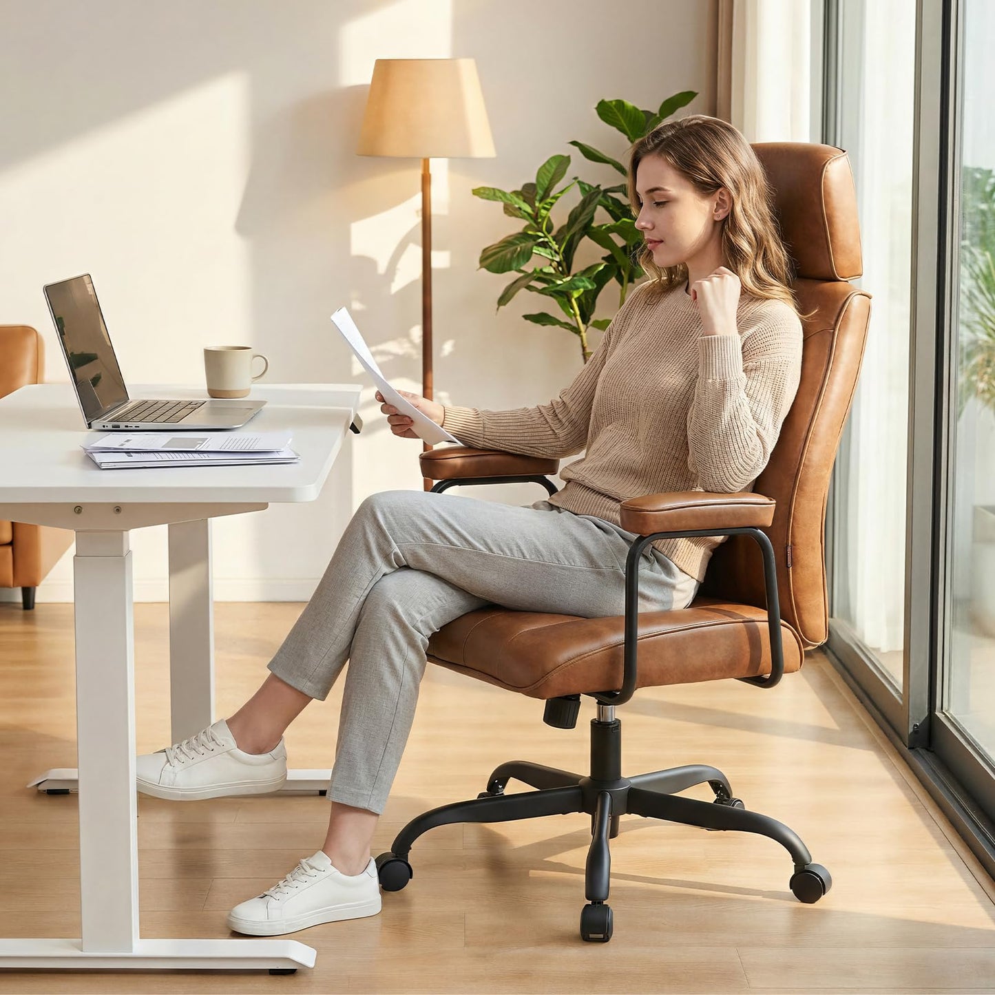 Furniliving Leather Office Chair with Adjustable Headrest, Mid-Century Modern High-Back Office Desk Chair, Ergonomic Computer Chair with Wheels, Armrests, Lumbar Support, Brown
