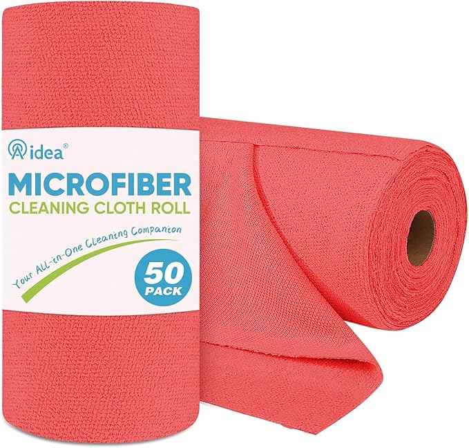 AIDEA Microfiber Cleaning Cloth Roll, 50PK Red, Reusable Paper Towels Tear Away Cloth, Microfiber Towels Washable Shop Rags, Lint Free Cleaning Rags for House, Kitchen, Window, 11.5"Ã11.5"
