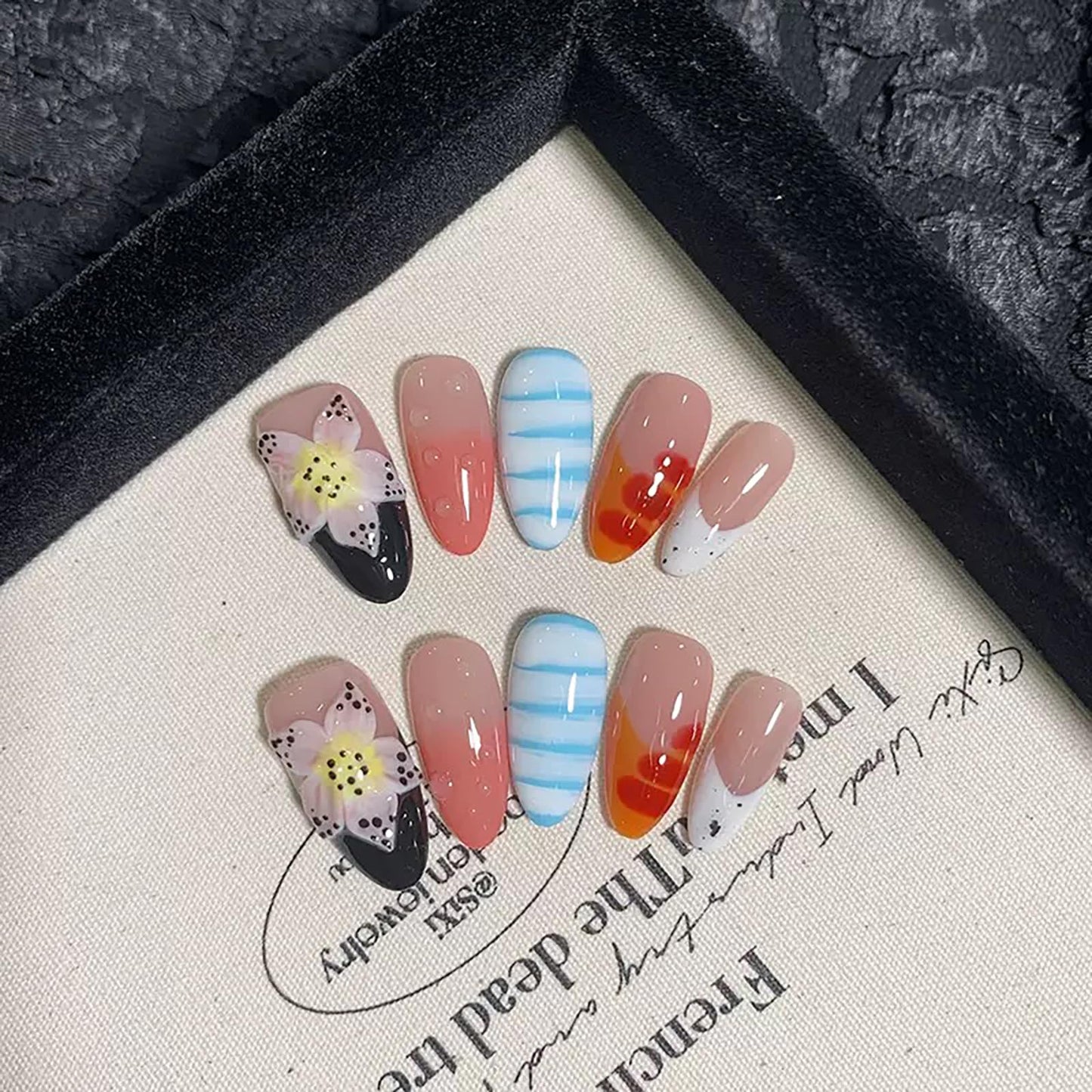 Luxury Press on Nails Medium Almond Handmade 3D Unique Reusable ABS Material Fake Nails French Tip False Nails with Designs Flower Water Drop Art Petal Glossy Glue on Thick Acrylic Nails(S)