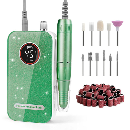 Nail Drill, Professional 45000RPM Rechargeable Electric Nail File with 11 Drill Bits & 50 Sanding Bands, Low Noise Nail Drill Kit for Acrylic Gel Nails, Salon & Home Use, Soft Green
