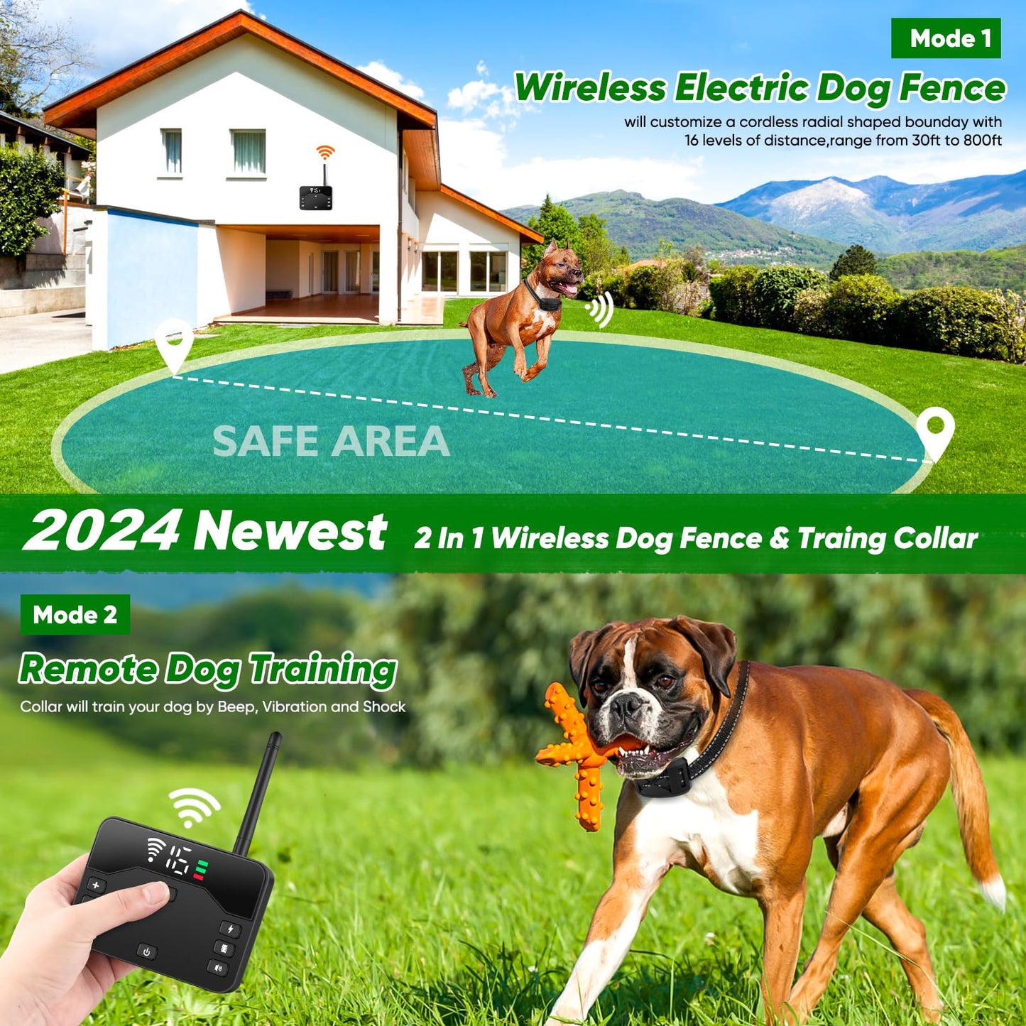 BHCEY Wireless Dog Fence, 2025 Electric Fence for 2 Dogs Shocks Training Collar Remote 2-in-1,Wireless Pet Containment System with Adjustable Vibration & Shock Training Collar for All Dogs