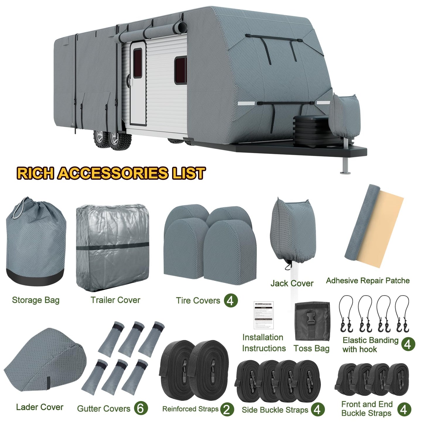 Mofeez Travel Trailer RV Cover, Extra-Thick Upgraded 7 Layers for Camper Cover 24'-27' Windproof Waterproof Rip-Stop RV Covers with Adhesive Repair Patches, 2Pcs Extra Straps & 4 Tire Covers