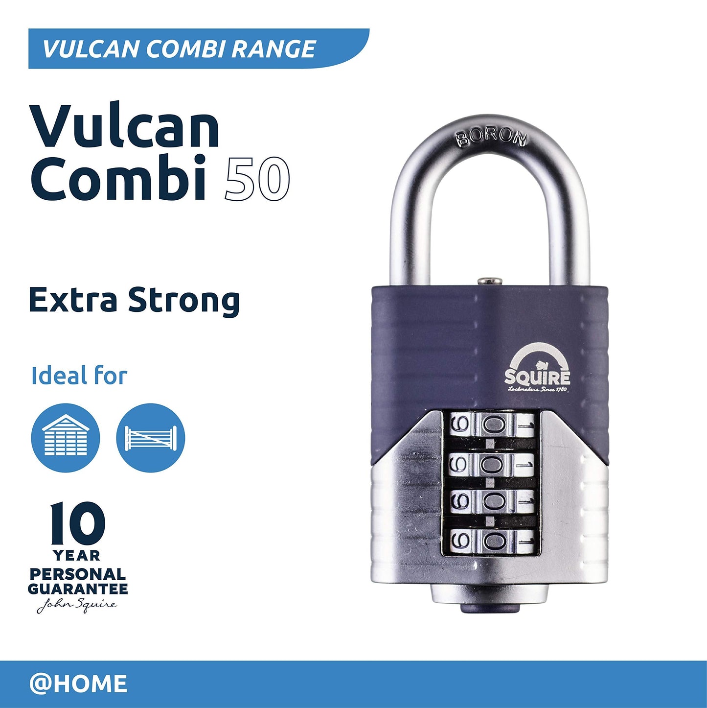 Squire Heavy Duty Padlock (Vulcan Combi 50) - Toughest Open Shackle - 4 Wheel Vulcan Padlock - Steel Cast Alloy for Corrosion Resistance - Weatherproof Lock for Home, School & Shed (Blue, 2")"