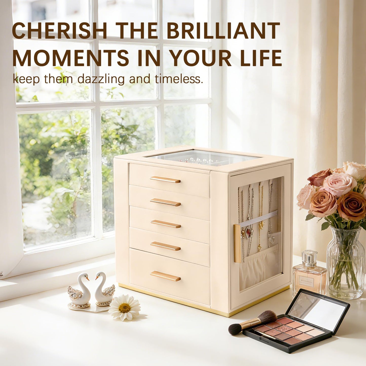 Homeanda Jewelry Box for Women with Glass Lid, 5 Drawers Jewelry Organizer and Storage for Necklaces, Rings, Earrings, Bracelets, Gift for Girls and Teens,PU Leather (Beige)
