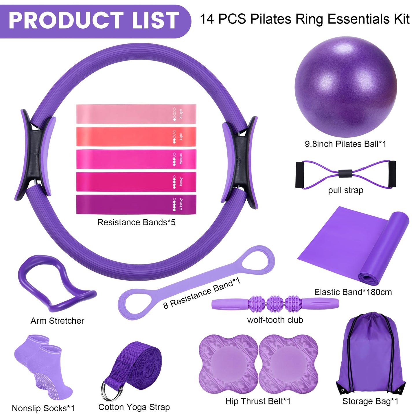 14" Pilates Ring Circle Fitness Set of 17 Equipment Accessories Workouts Includes Pilates Ball Magic Circle Yoga Ring Knee Pads and Resistance Bands for Women Set Gift for Women Weight Loss (Purple)"