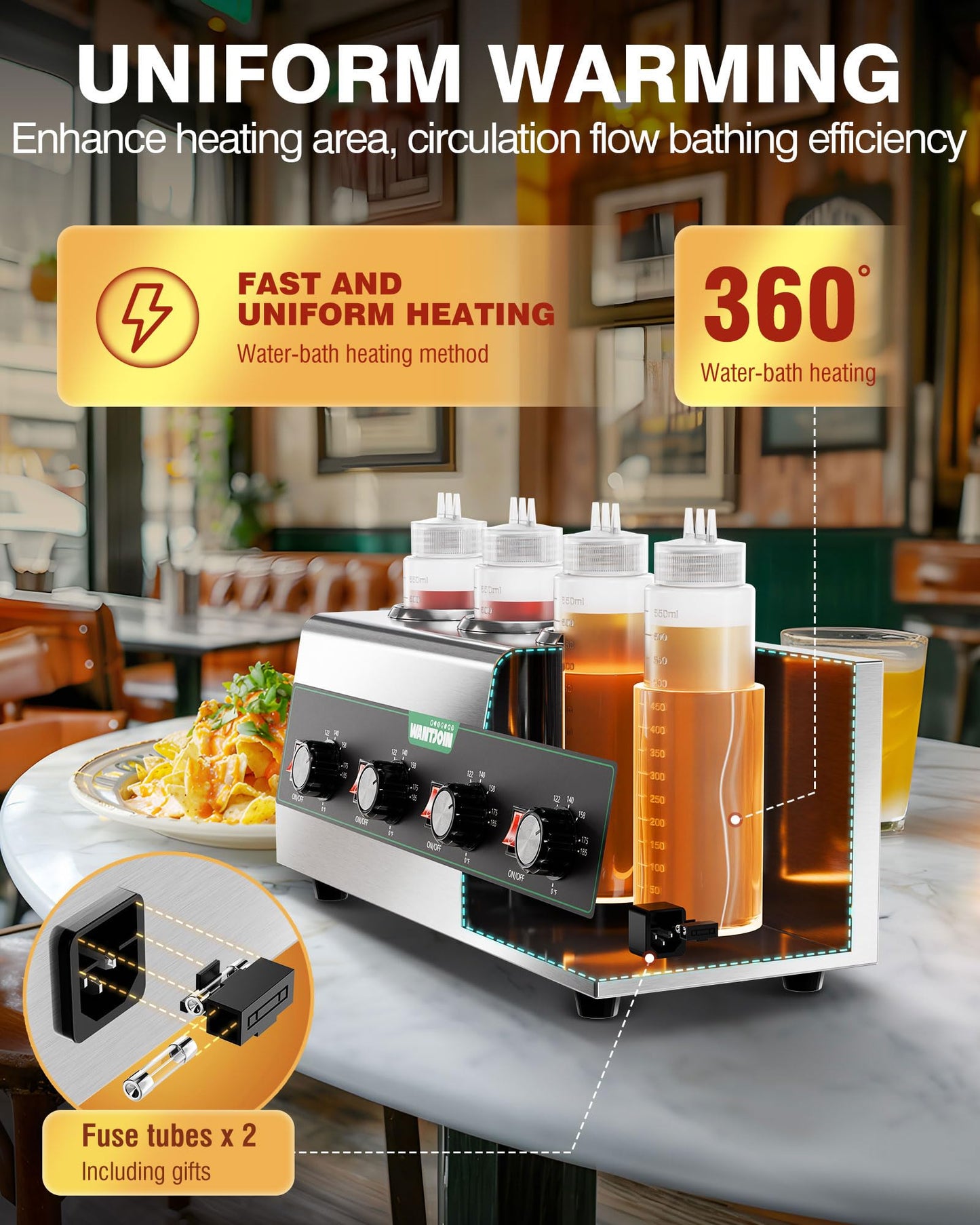 WantJoin Electric Sauce Warmer Dispenser, Countertop Stainless Steel Sauce Heat Preservation Machine 640W Hot Fudge Nacho Cheese Ketchup Chocolate Warmer for Commercial with 650ml Squeeze Bottle*4