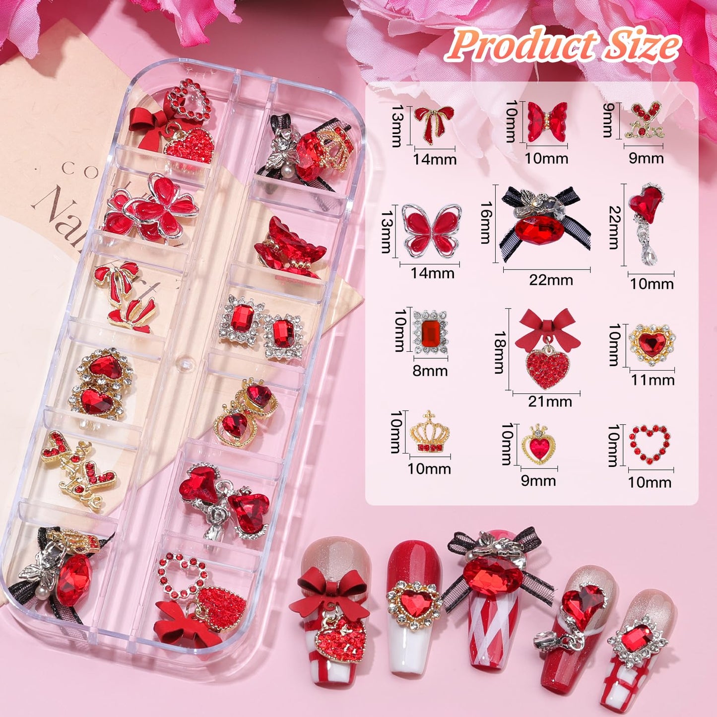 5 Boxes Nail Charms and Gems, 24Pcs Y2k Alloy Nail Art Rhinestone Charms 3D Bow Flower Crown Heart Star with Tweezers and Pick up Tools for Women Nail Design DIY Crafts Face Makeup Gems Jewels(Red)