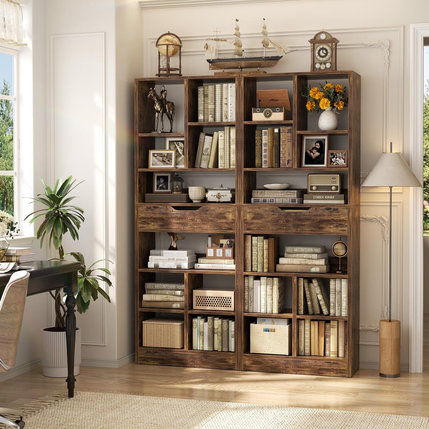 Armocity 8-Tier Book Shelf with Drawer, 73.6" Tall Bookcase and Bookshelf Modern Freestanding Open Display Shelves for Living Room Home Office, Bedroom, Rustic Brown