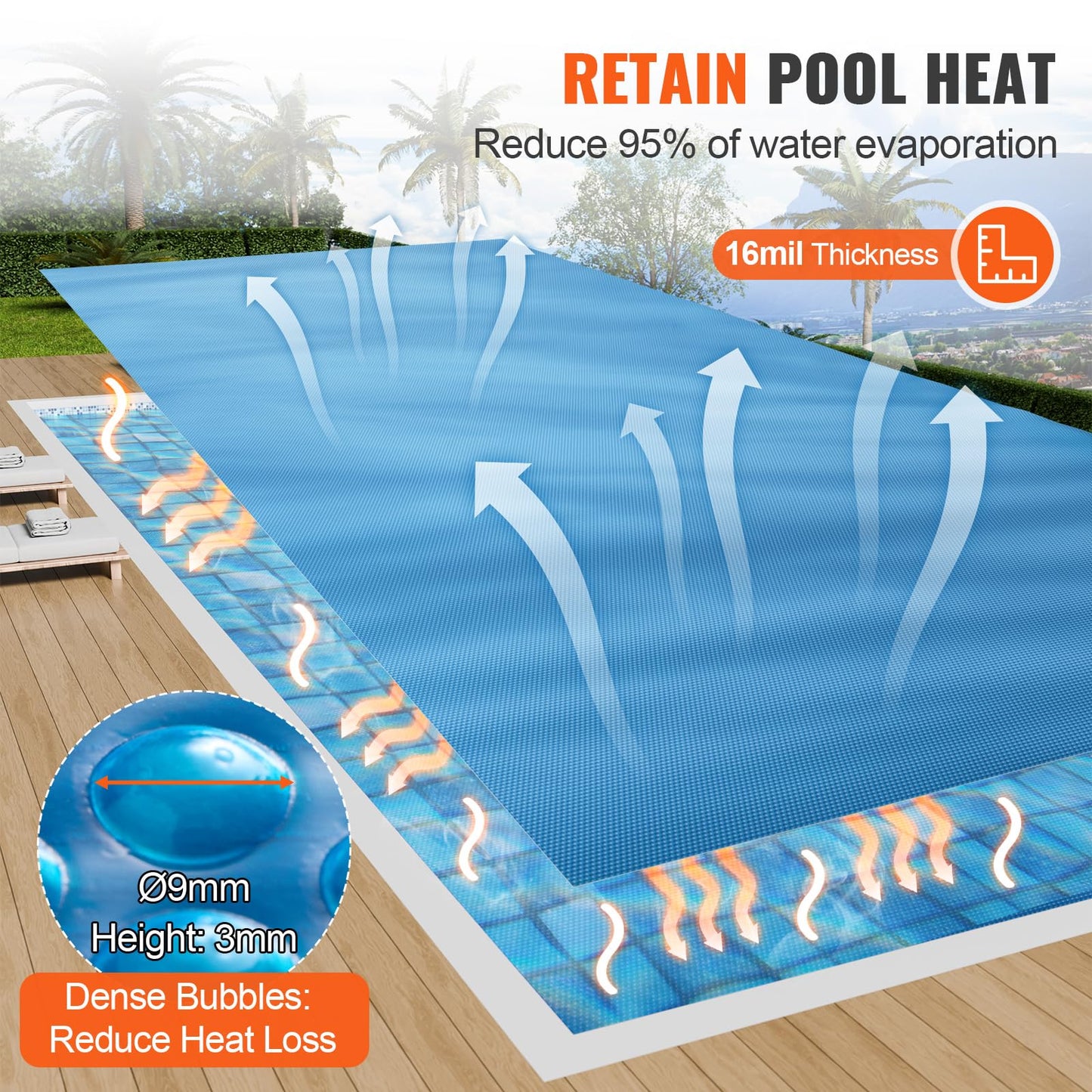 VEVOR Solar Pool Cover, 32 x 16 ft Rectangle Solar Blanket for Pools, 16 mil Solar Covers for Inground Above Ground Swimming Pool Solar, Blue