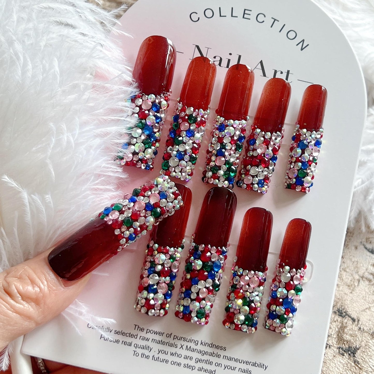 NAIL ANGEL 10PCS/SET Glamorous Handmade Press on nails Glitter Mixed Rhinestone French Long Coffin Nails Party Nails XXL Long Artifical Tips ZJ-04(S)