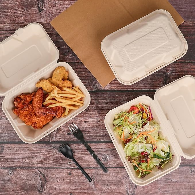 Aricsen Compostable 100 Pack 9x6 Inch Takeout Lunch Box Containers with Lid To Go Take Out Clamshell for Food, Disposable Eco-Friendly Biodegradable Bagasse, PFAS-Free, Brown