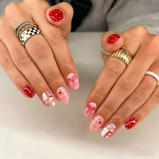 octoswave Press on Nails Short Almond Fake Nails Cute Pink Artificial Nail Glossy Bow Pearl Charm Stick on Nail for Women 24pcs