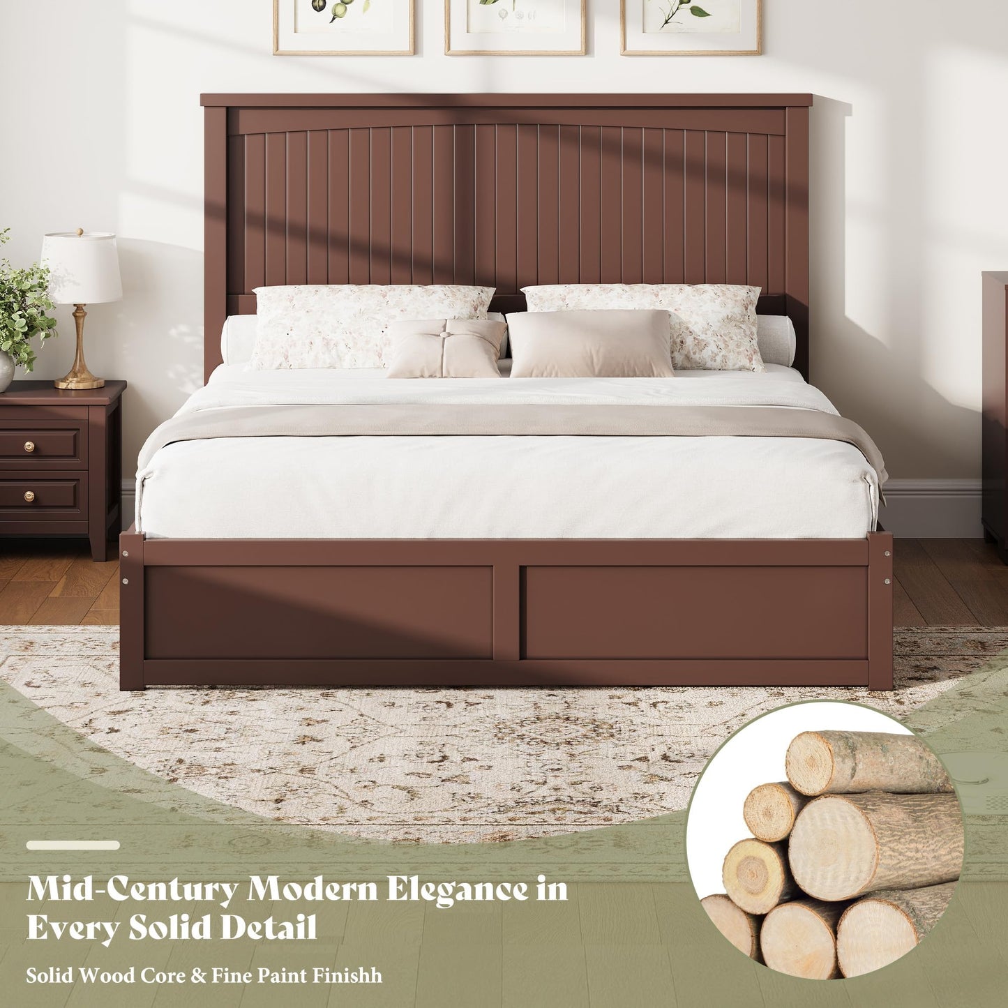 AMERLIFE Queen Size Solid Wood Bed Frame with 50" Tall Headboard, Mid-Century Modern Bed with Storage Drawers, Clean Wooden Platform Bed, 2 Side Drawers/No Box Spring Needed/Espresso Walnut