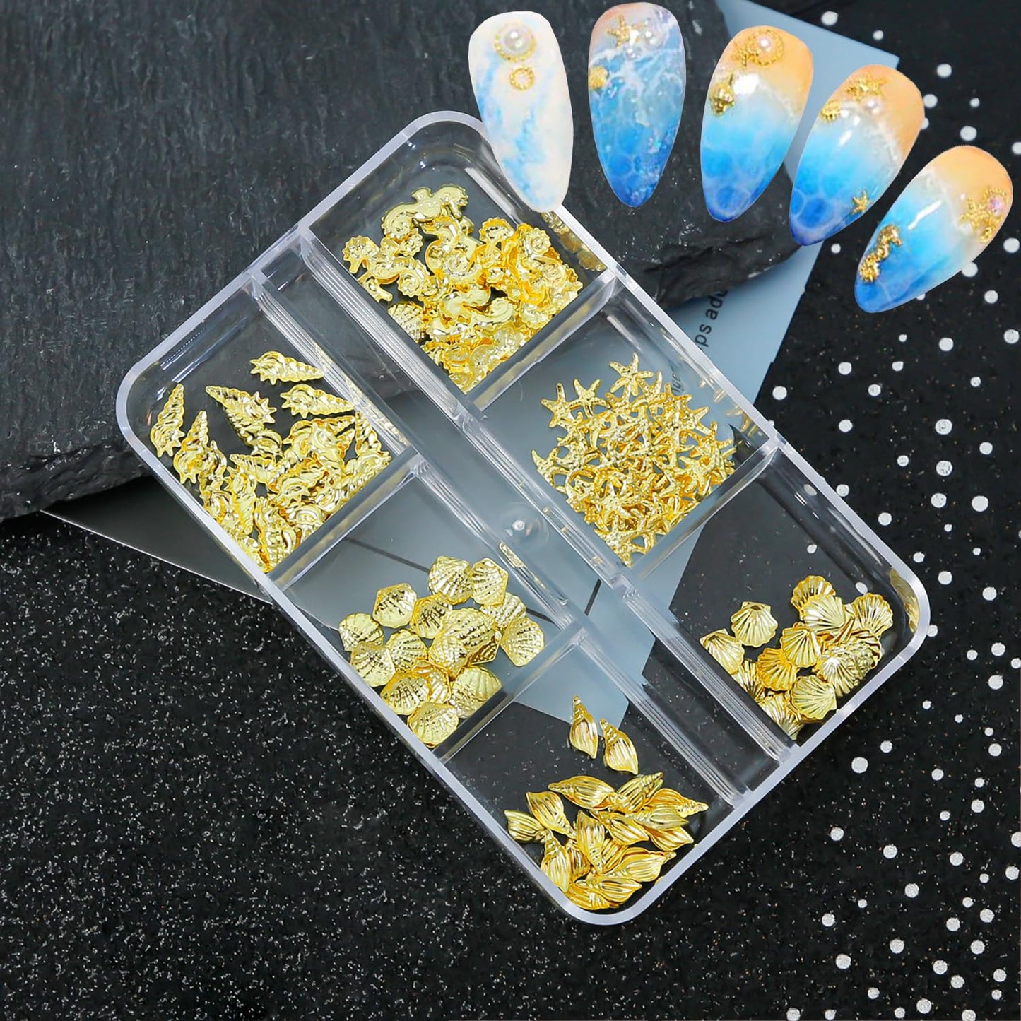 6 Grids Summer Ocean Nail Charms and Gems Marine Life Designs Nail Art Charms 3D Gold Starfish Seashell Nail Rhinestones Cute Conchs Seahorse Nail Jewelry Summer Beach Nails Decoration for Women