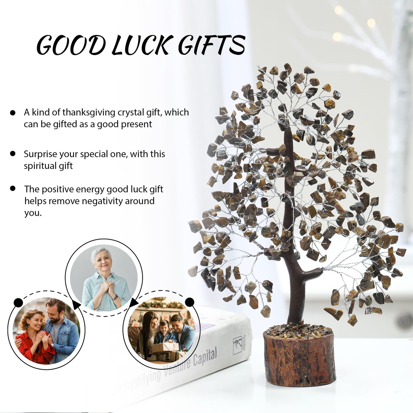 PYOR Tigers Eye, Healing Crystal Tree, Office Decor for Women, Gem Tree, Tiger Eye Stone, Good Luck Gifts, Money Crystal Stone, Positive Energy Decor, Gemstone Bonsai