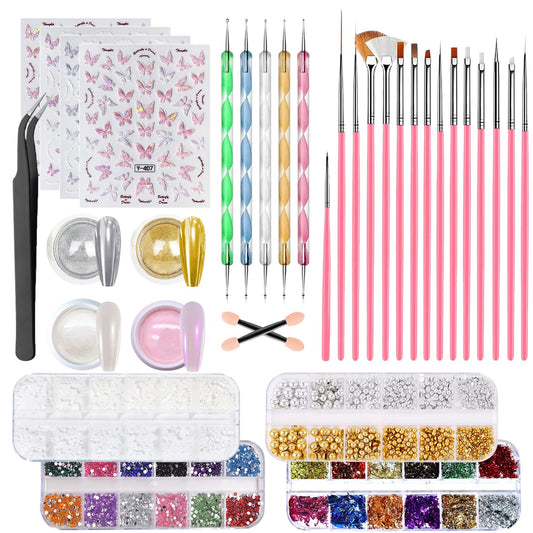GZMAYUEN Nail Chrome Powder Nail Art Kit, 4 Color Chrome Powder for Nails, 15Pcs Nail Brushes for Nail Art, 4 Sheets Butterfly Nail Stickers, 4 Boxes Nail Charms Accessories