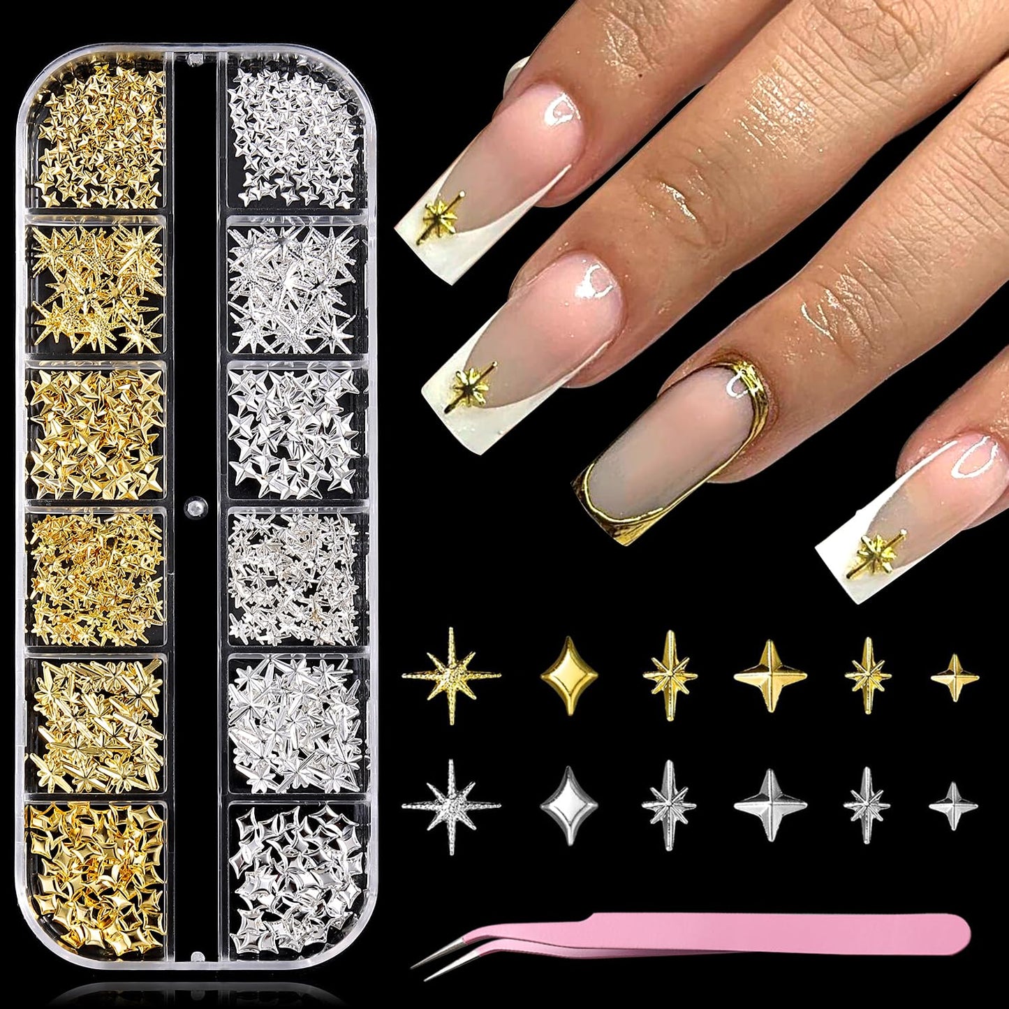 Furtherpretty Gold Star Nail Charms, 3D Silver Nail Charms Metal Studs Cross Star Celestial Nail Decorations, Flat-Back Nail Art Accessories with Tweezers for Women, Manicure Salon Supplies