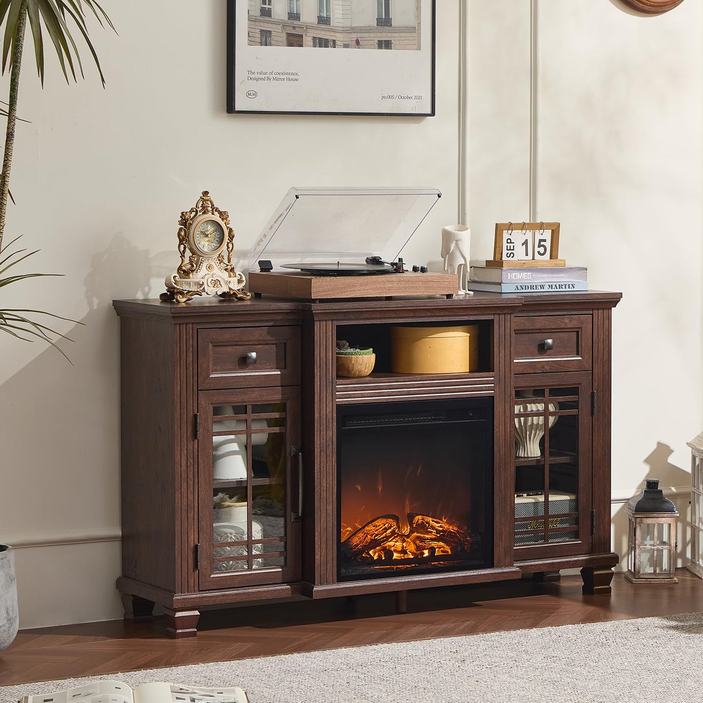 SAVOR LIFE 52" Fireplace TV Stand with 18”Silent Electric Fireplace, Farmhouse Entertainment Center for TVs up to 65", 2 Drawers TV Console with Glass Door Cabinet, Walnut TVs Cabinet for Living Room