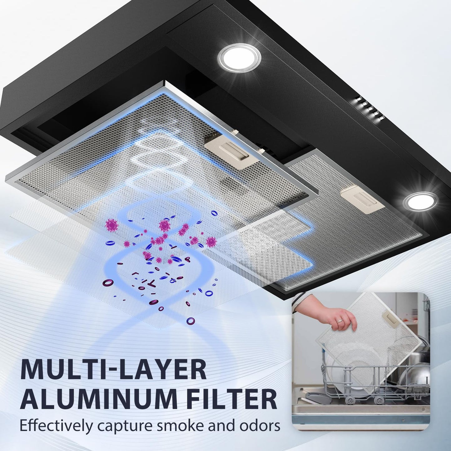 Ductless Range Hood 30 inch Under Cabinet, 600cfm Slim Kitchen Stove Vent Hood with LED Lights, 3 Speed Exhaust Fan, Reusable Filters, Stainless Steel Campanas para Cocina with Charcoal Filter