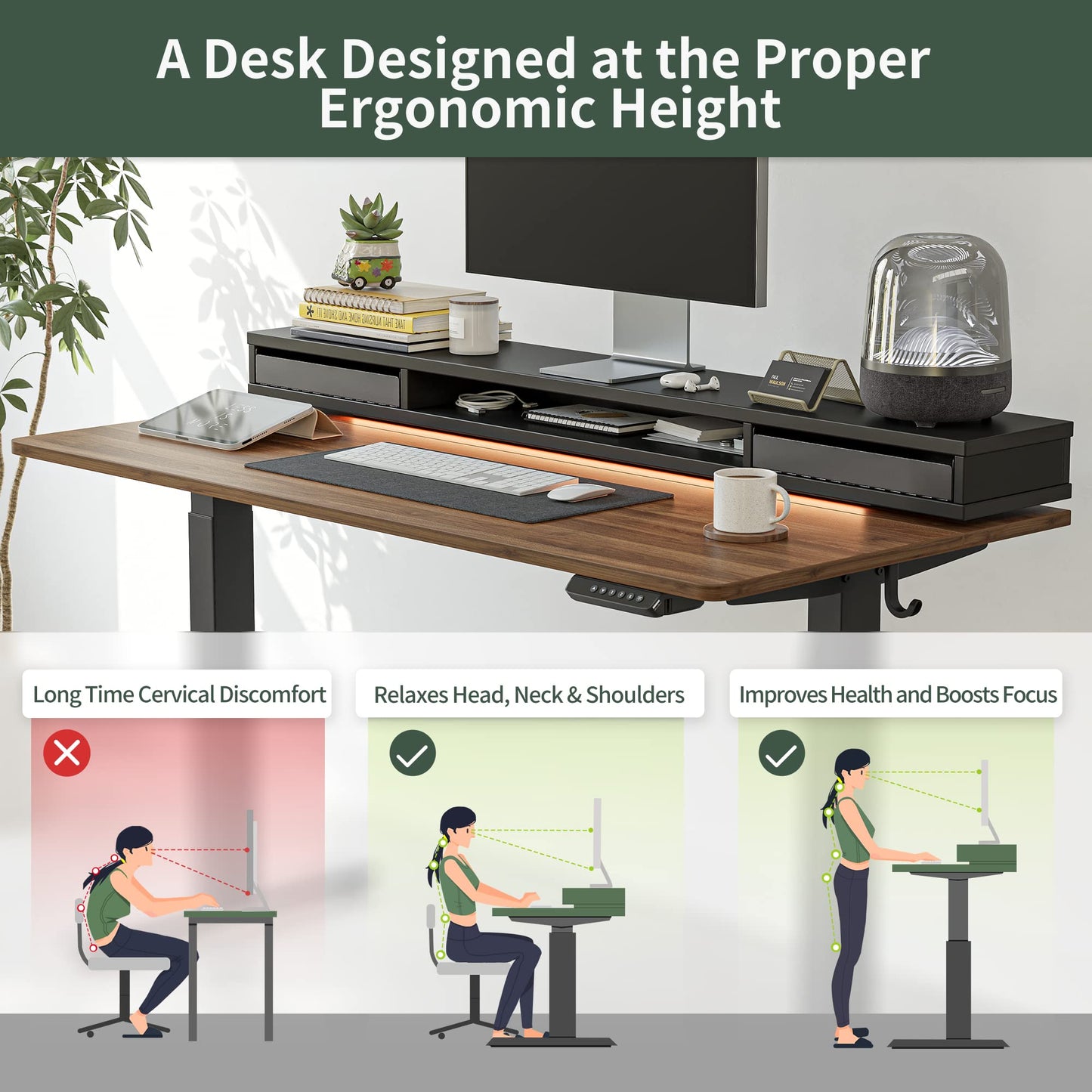FEZIBO 60 x 24 Inch Height Adjustable Electric Standing Desk with Double Drawers, Stand Up Desk with LED Strips, Sit Stand Desk with Monitor Stand, Black Walnut