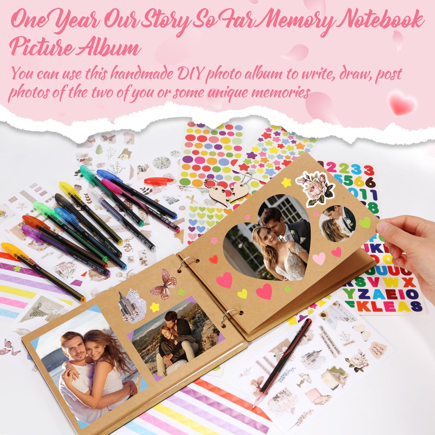 1 Year Our Story So Far Anniversary Scrapbook, Photo Album, DIY Memory Book with 12 Metallic Pens 16 Stickers 2 Puzzle Pieces, Romantic Gift for Boyfriend Girlfriend, 1st Wedding Gift Husband Wife