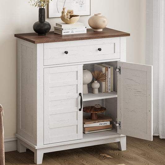 Sideboard Buffet Cabinet, Farmhouse Coffee Bar Storage Cabinet with Adjustable Shelves, Multi-Functional Entryway Storage Cabinet with Doors for Living Room Kitchen and Dining Room, Brown and White