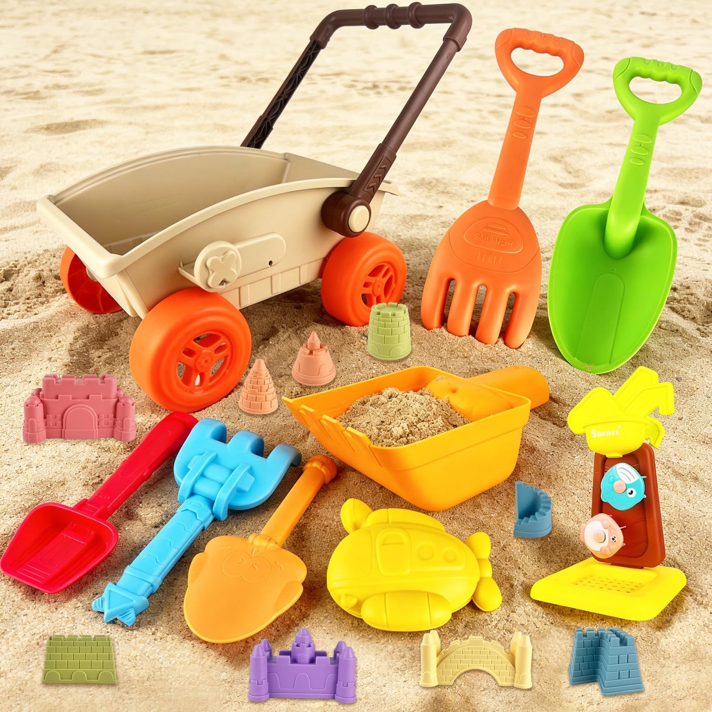 IOKUKI 19 PCS Sand Toys with Extra Large Mesh Bag Including Sand Wagon, Water Wheel, Large Shovels & Rakes, Molds, Castle Kit, Outdoor Beach Toys Tool Set for Kids, Toddlers, Boys and Girls Age 3+