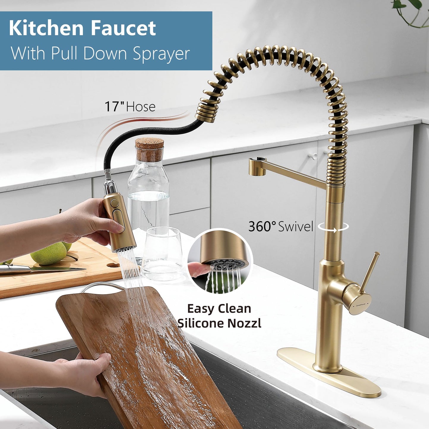 Lavatrum 22‘’ Extra-Tall Brushed Gold Kitchen Sink Faucets, Commercial High Arc Single Handle Kitchen Faucets for Pull Down Sprayer Modern Spring with Deck Plate 22 inch