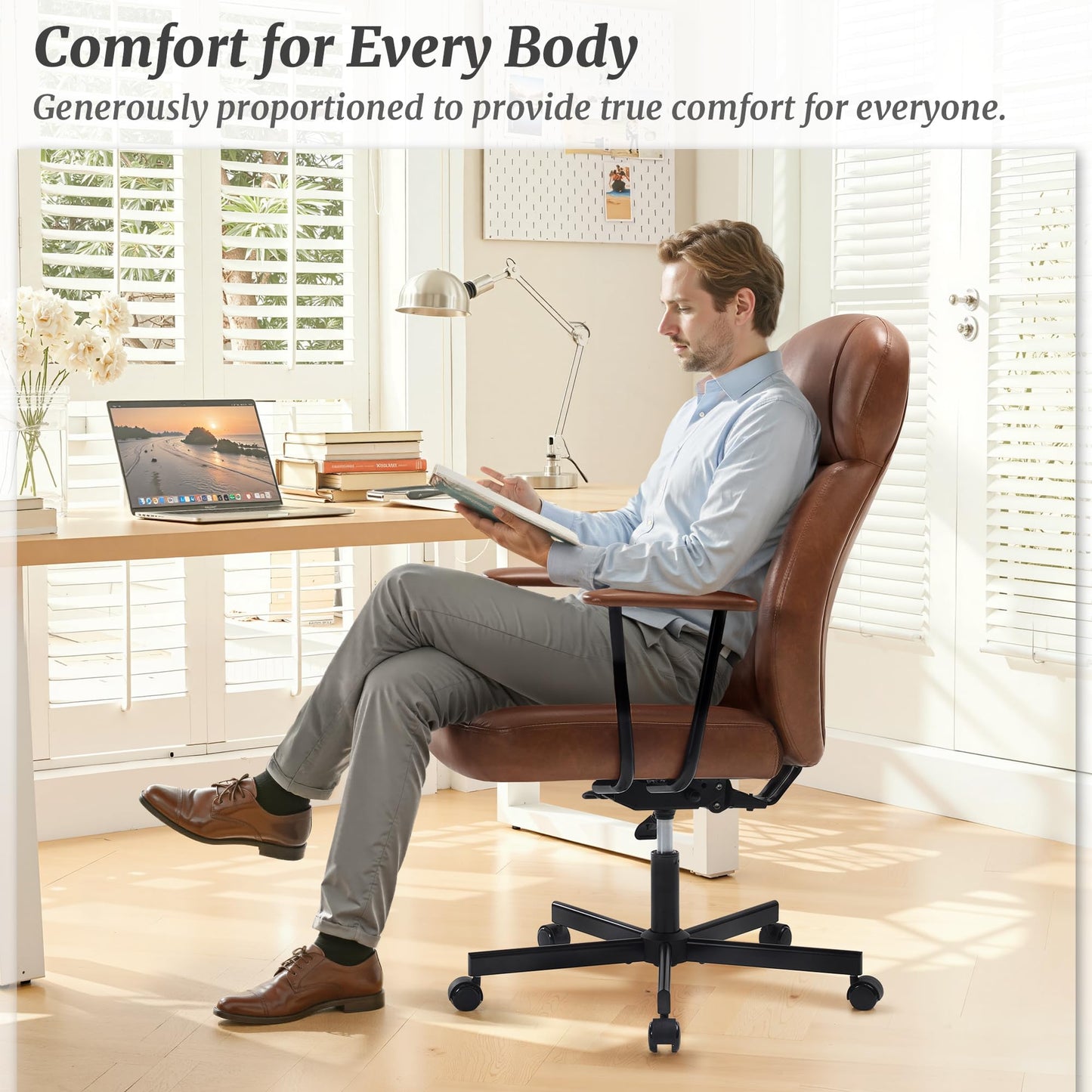 Cozyman High Back Office Desk Chair, Breathable Ergonomic Leather Chair with 5-Layer Seat Cushion with 135°Reclining Lumbar Support Adjustable Height Rolling Swivel Executive Armrests Chair, Brown