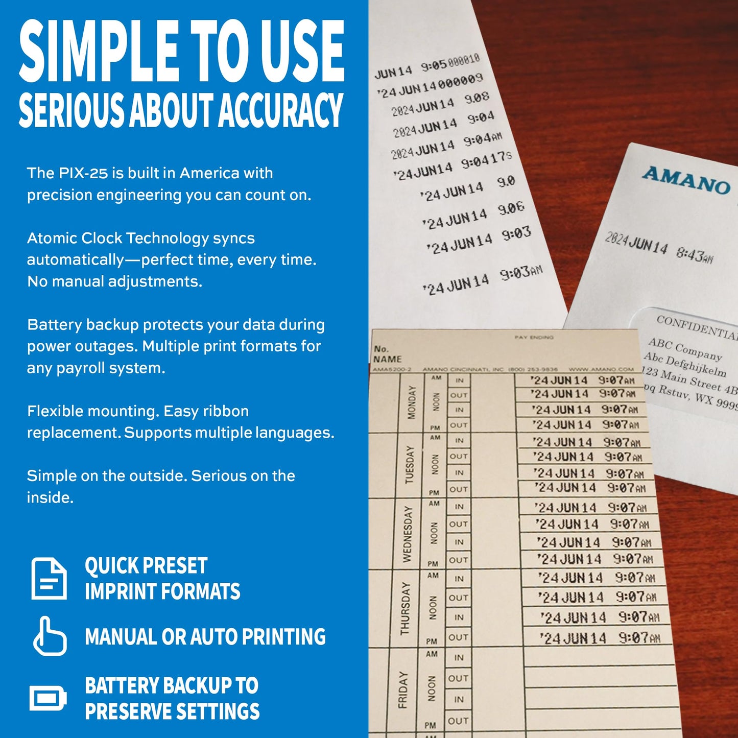 Amano PIX-25 Automatic Date & Time Stamp Machine — Digital Document Stamper for Office, Atomic Clock Accuracy, Electronic Time Clock for Employees, Made in USA