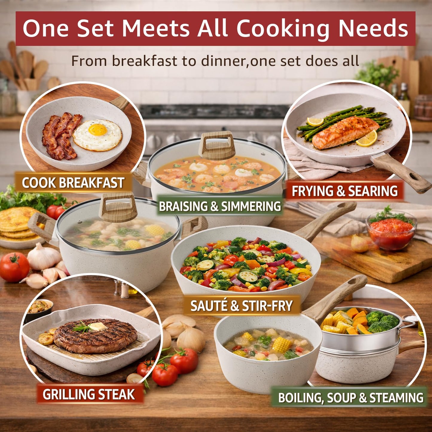 Bazova 24-Piece Pots and Pans Set Non Stick, Titanium-Reinforced Ceramic Cookware Set, Long-Lasting Nonstick,Non Toxic PFAS-Free, Induction Compatible, Complete Kitchen Set for Everyday Cooking