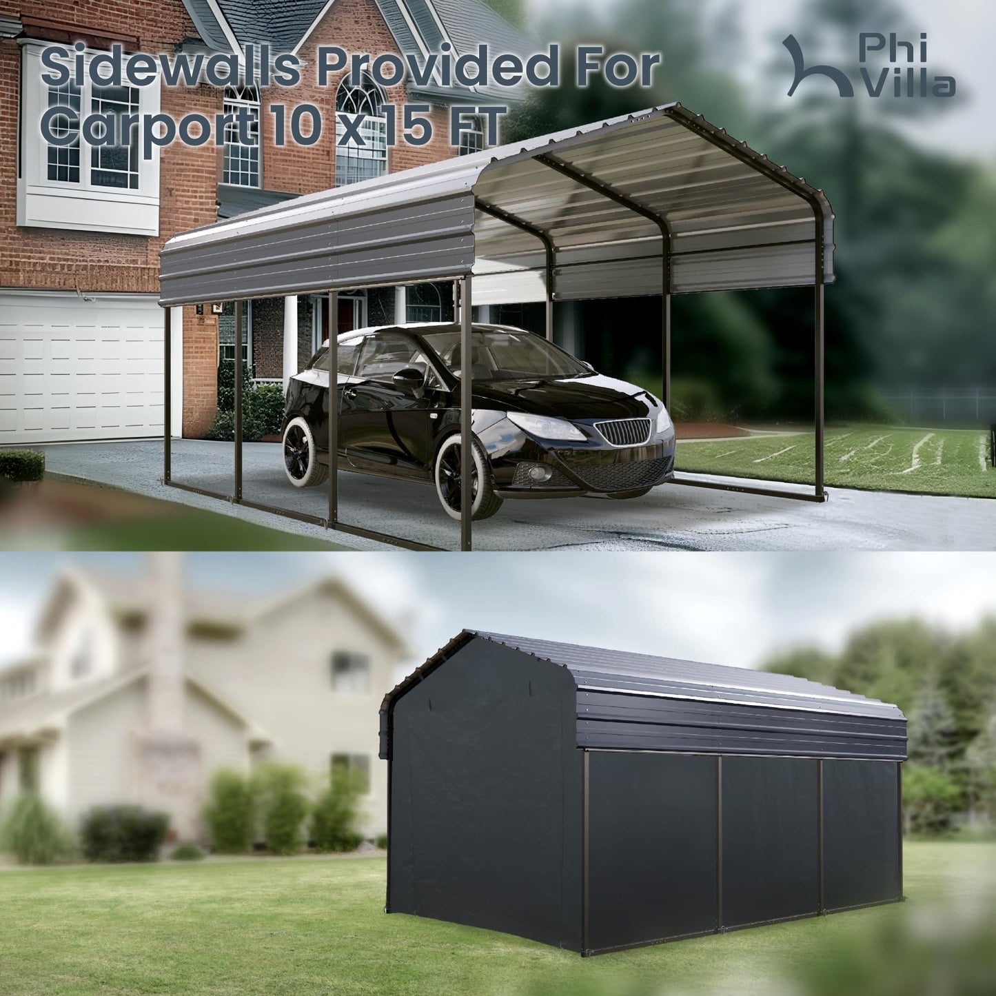 PHI VILLA 10 x 15 Heavy Duty Metal Carport with Galvanized Steel Roof with Sidewalls Enclosure Kit, Sturdy Metal Carport for Cars, Boats, and Tractors