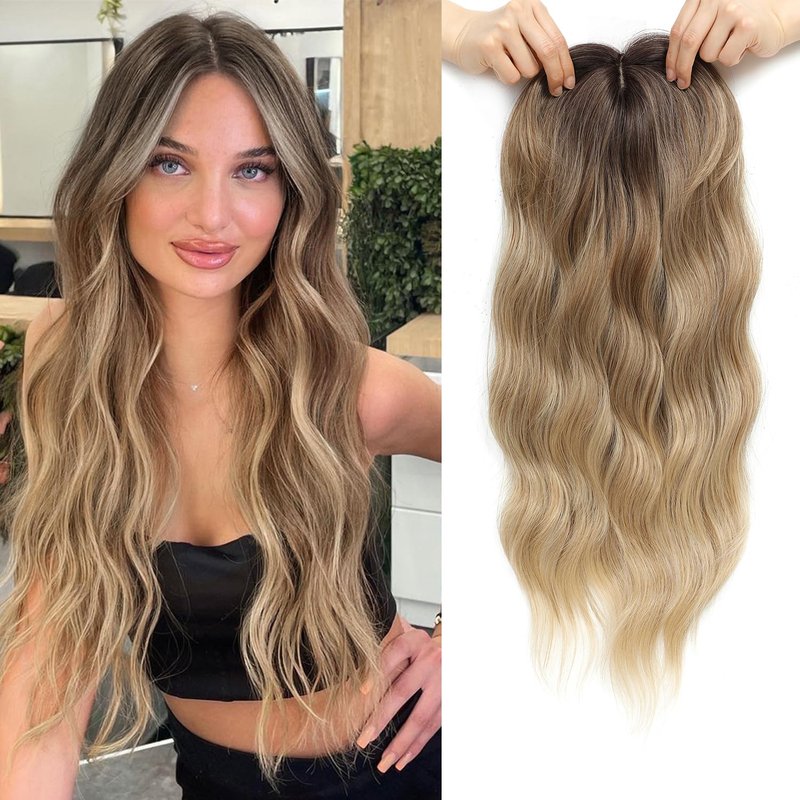 PANEWAY Hair Topper 20 Inch Wavy Synthetic Clip-In Topper for Women, Natural Looking Voluminous Hairpiece for Thinning Hair, Lightweight & Undetectable(20Inch,Brown Blonde with Dark Root)