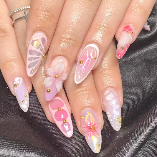 24Pcs Pink Press on Nails Medium Almond Fake Nails Glossy Glitter 3D Gold Steel Balls Design Full Cover Acrylic False Nail Flower Butterfly Pink Gradient Nail Art Almond Nail Stick on for Women
