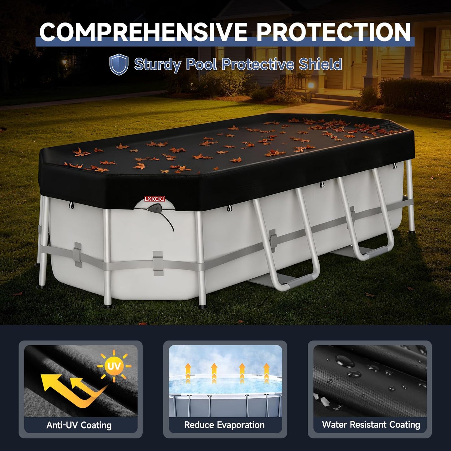 LXKCKJ 10x16 FT Rectangular Pool Cover for Above Ground Pool, Solar Oval Pool Cover Protector, Winter Pool Cover with Accessories Set Ideal for Cold and UV Resistant, Dustproof (Black)