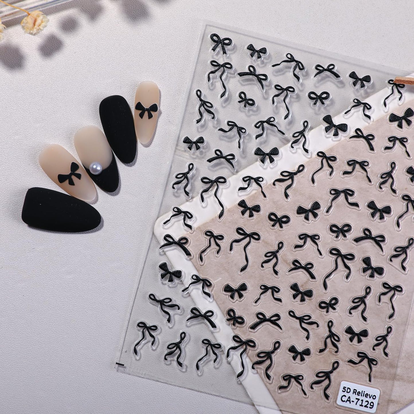 SIMAYKUWA Ribbon Bow Nail Art Stickers, 3-Sheet Nail Decals in Pink White Black Self-Adhesive Valentine's Day Nail Design Nail Supplies Nails Accessories for Women