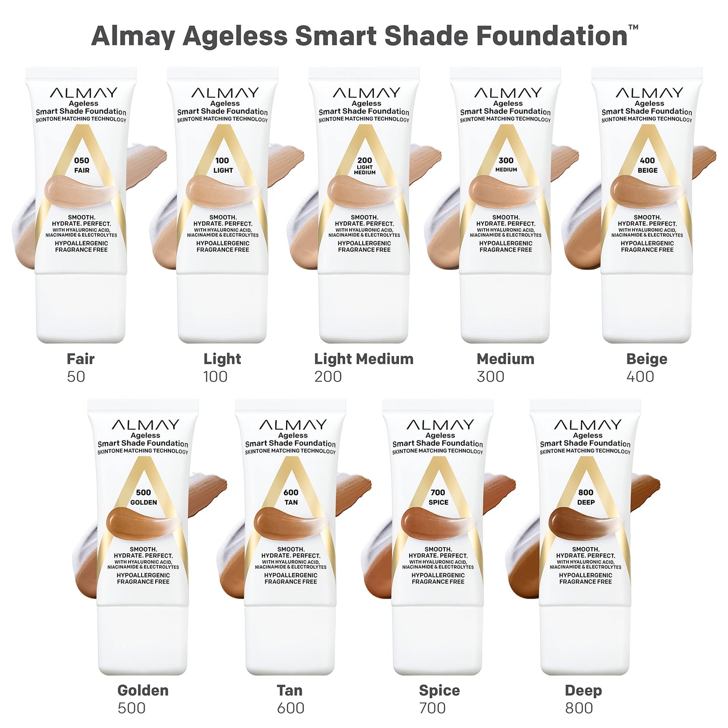Almay Anti-Aging Foundation, Smart Shade Face Makeup with Hyaluronic Acid, Niacinamide, Vitamin C & E, Hypoallergenic-Fragrance Free, 500 Golden, 1 Fl Oz (Pack of 2)