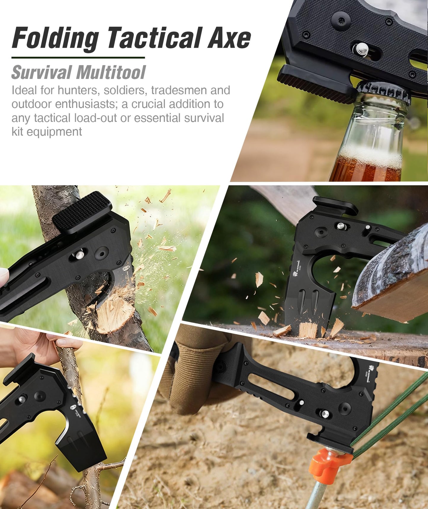 HX OUTDOORS Folding Tactical Axe Survival Multitool, DC53 Steel Blade with Black Titanium, Camping Axe with Hammer & Bottle Opener, G10 Handle for Outdoor Gear,Various Tactical and Survival scenarios