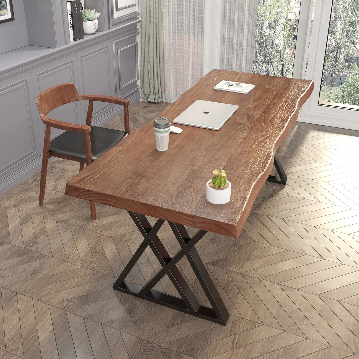 QZYJKJ Solid Wood Computer Desk Study Office Desk 55" Writing Desk, Modern Simple Style PC Table, Black Metal Frame, Solid Wood Planks 55" D x 27" W x 29" H for Home Office Bedroom,Rustic Brown