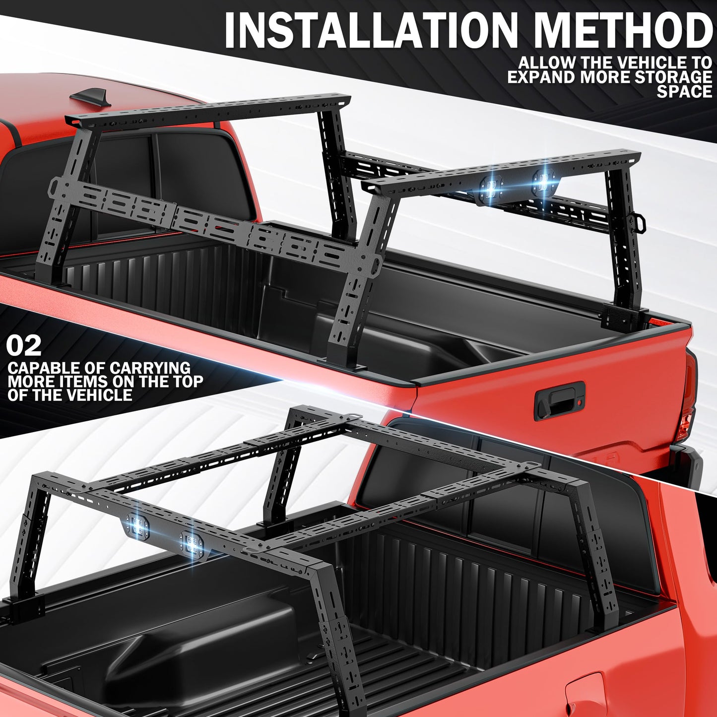 YZONA Adjustable 16-24.8" High Truck Cargo Rack Bed Racks Cargo Carrier with 2 LED Lights Compatible with Silverado/Sierra/Ram/Tacoma/Tundra/Titan/Frontier/Canyon/Gladiator JT/Ford F-Series